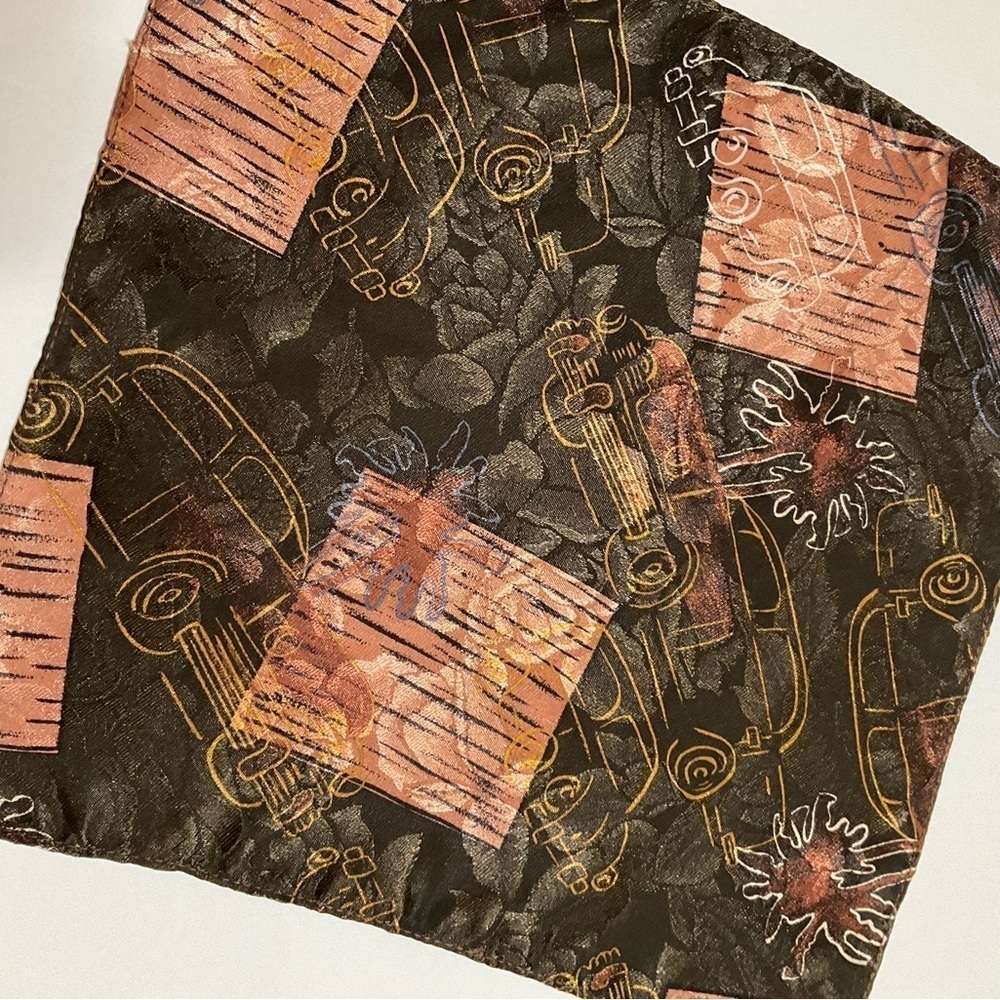 Pocket Square Brown Floral Background Cars Peach Blotches Yellow Blue White Silk
